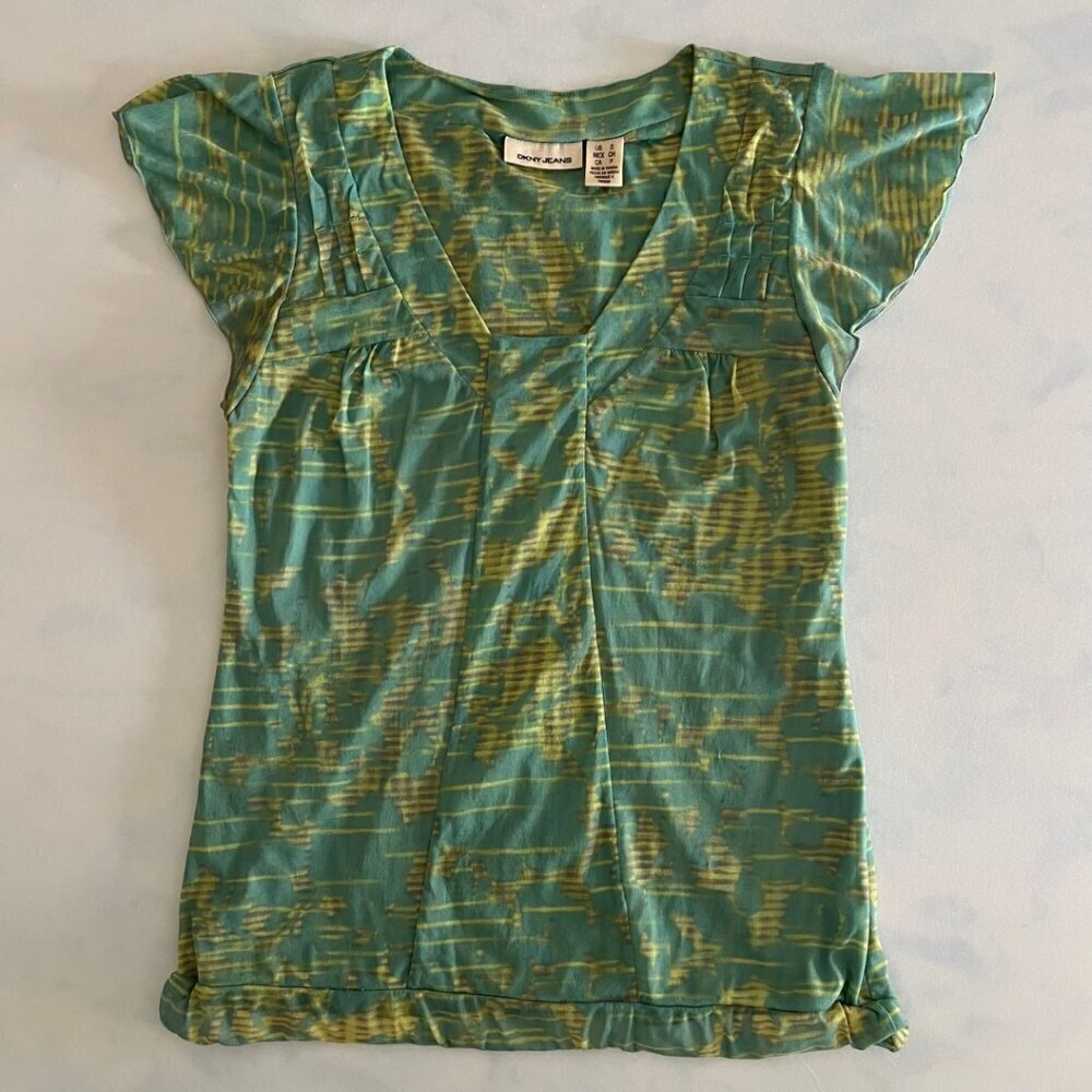 DKNY Jeans Vintage y2k Ruffle Green & Blue Short Sleeve Blouse